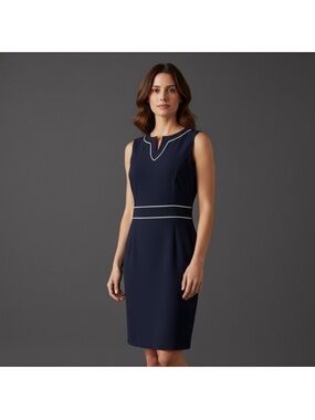 Women’s Stylish Sleeveless Navy Sheath Dress with Contrast White Piping Trim